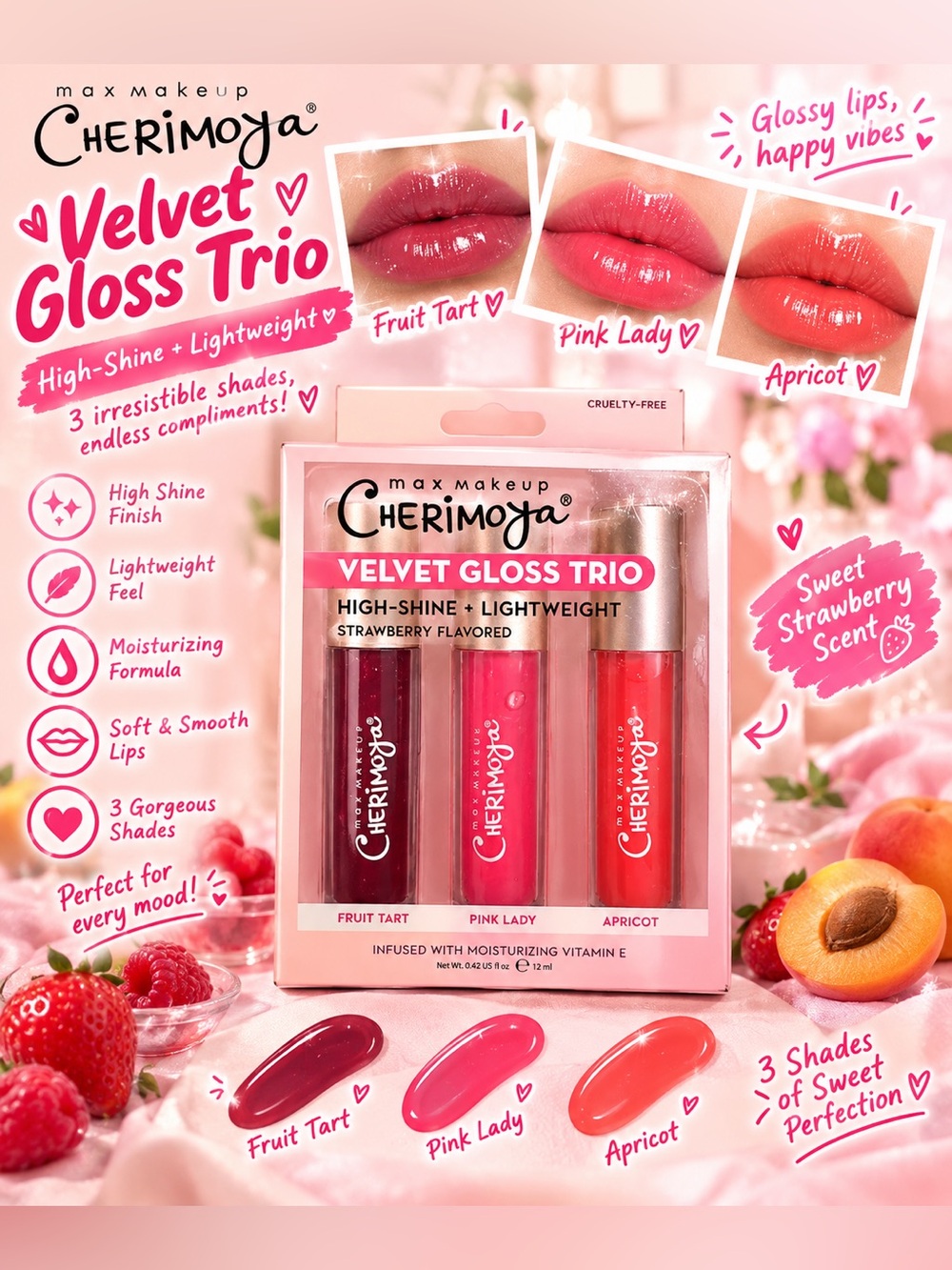 Cherimoya Velvet Gloss Trio — Fruit Tart, Pink Lady & Apricot